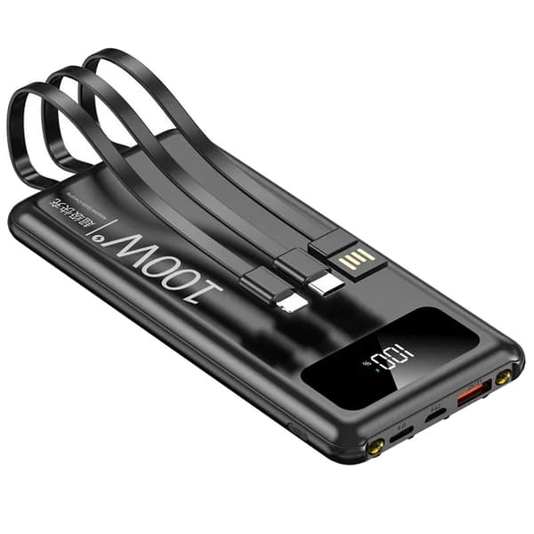 Bærbar Power Bank, 10000mAh kapacitet, indbyggede kabler,Sort, 10000mAh