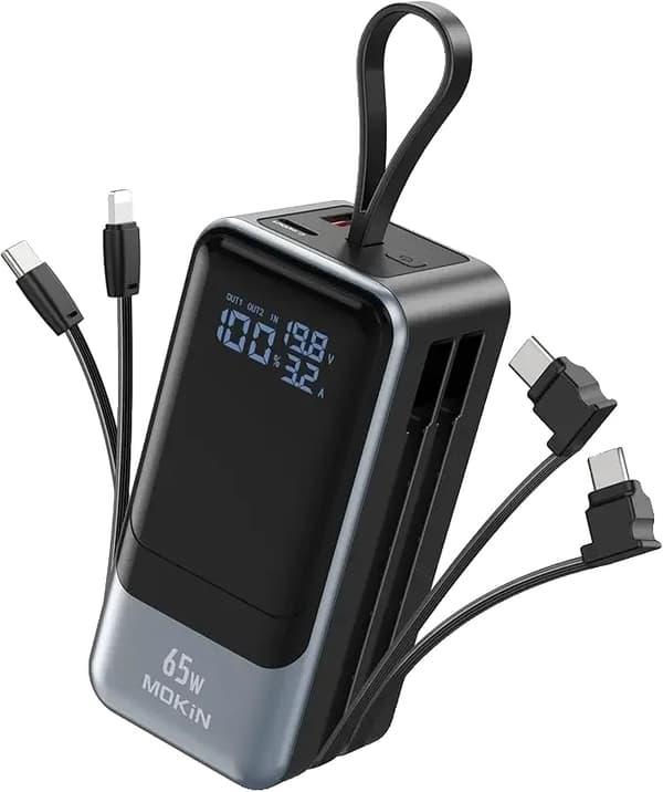MOKiN Power Bank, 18400mAh kapacitet, inbyggda avtagbara kablar,15600-19999mAh, 18400mAh Svart