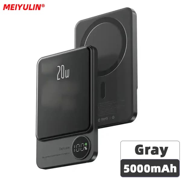Magnetisk trådlös powerbank, 5000mAh kapacitet, digital display,5000mAh grå
