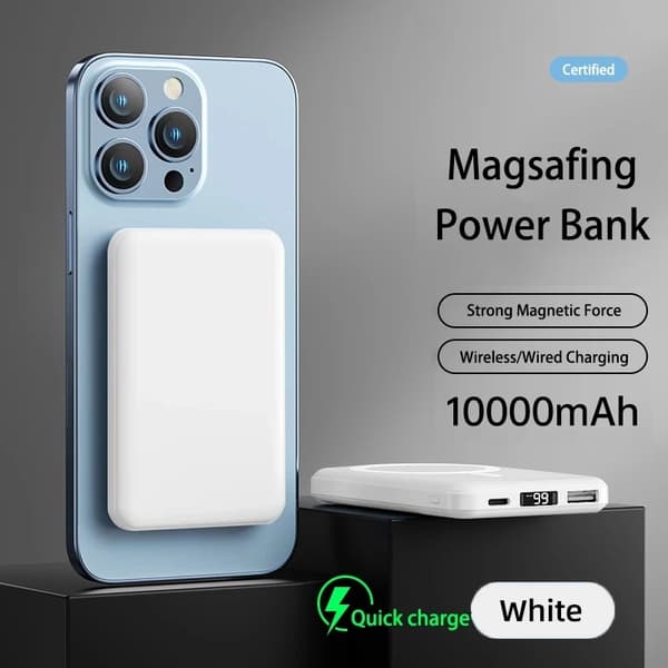 Bärbar Magnetisk Power Bank, 10 000mAh Kapacitet, Tvåvägs Snabbladdning,10000mah vit