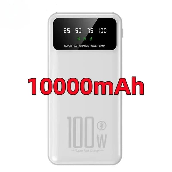 Bærbar Power Bank, 100W Maksimal Udgang, Digital Skærm,10000mAh-Hvid, 10000mAh