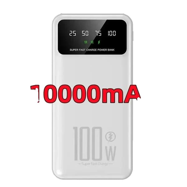 Bærbar Power Bank, 100W Maksimal Udgang, Digital Skærm,10000mAh-Hvid, 10000mAh