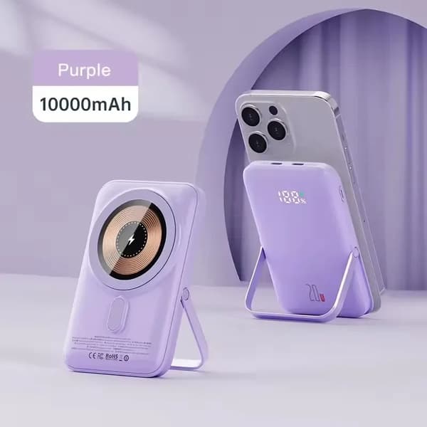 Powerbank, trådløs opladning, digital skærm, hurtig 23W udgang,Lilla-10000mAh, 10000mAh