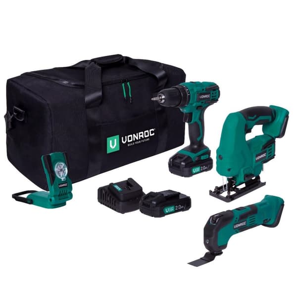 VONROC Verktygssats VPower 20V - 2.0Ah | Inkl. 3 Maskiner, 2 batterier och laddare