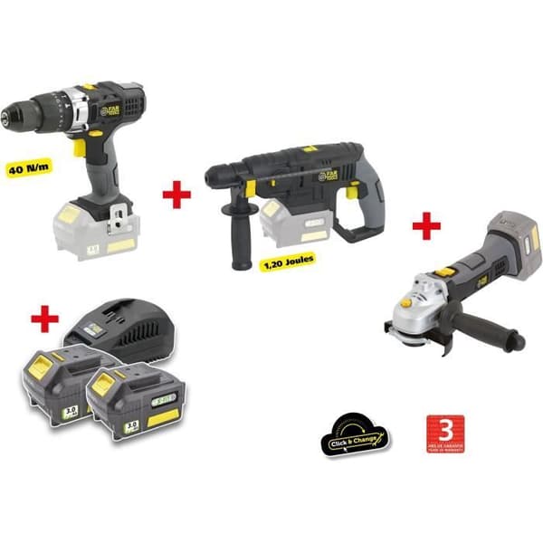 X-FIT PACK 'BIG WORK' 3 maskiner 18V + 2 batterier 18V 3.0Ah: Borr / skruvmejsel + Perfo hammare + Vinkelslip