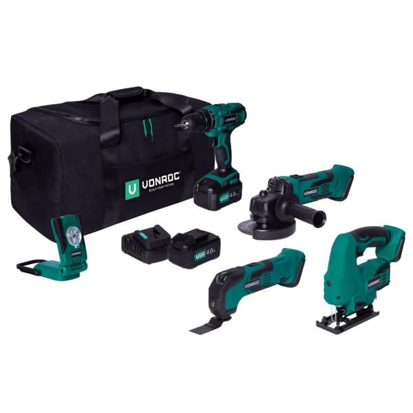 VONROC Værktøjssæt VPower 20V - 4.0Ah | inkl. 2 batterier og oplader
