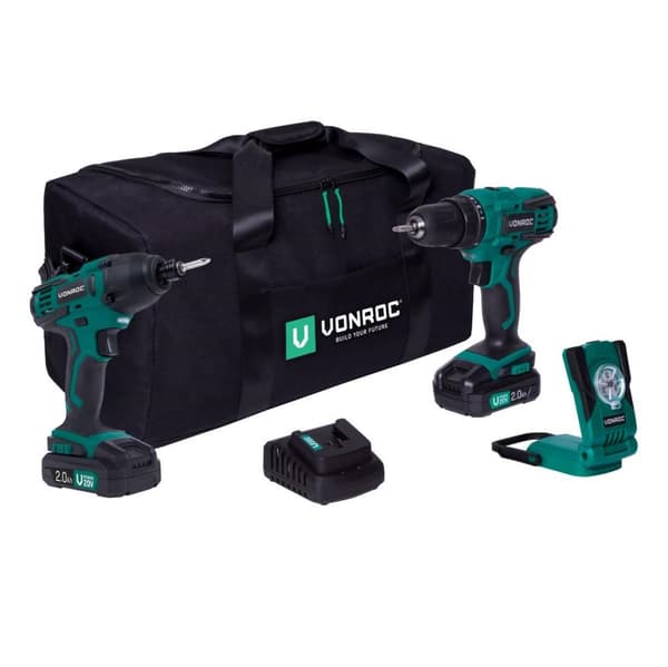 VONROC Værktøjssæt VPower 20V - Batteridrevet slagboremaskine, slagskruemaskine, arbejdslampe, 2x 2.0Ah batteri og en oplader