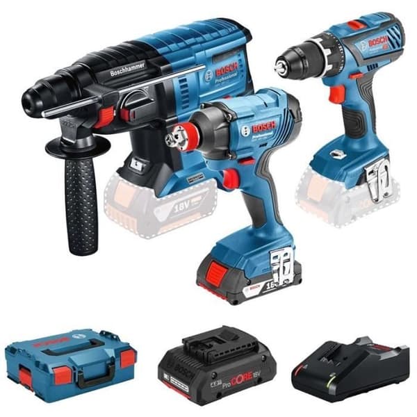 KOMBOKIT 3 VERKTYG 18V: GSR 18V-28 + GBH 18V-20 + GDX 18V-180 L