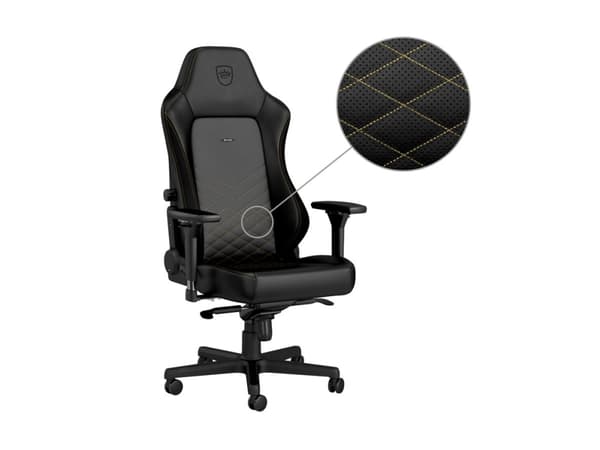noblechairs Hero PU Leather, Ilmatäytteinen istuin, Pehmustettu selkänoja, Musta, Musta, Kulta, Terästä, Musta