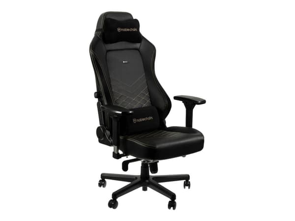 noblechairs Hero PU Leather, Ilmatäytteinen istuin, Pehmustettu selkänoja, Musta, Musta, Kulta, Terästä, Musta