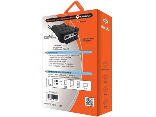 IBattz BattSTation Tough Pro 12000mAh Power Bank (IB-PWB-BLK-A2)