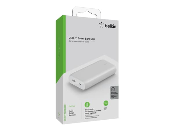 Belkin BoostCharge - Strømbank - 20000 mAh - 30 watt - Fast Charge, PD - 2 utgangskontakter (USB, 24 pin USB-C) - hvit