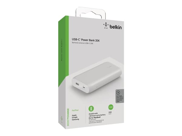 Belkin BoostCharge - Strømbank - 20000 mAh - 30 watt - Fast Charge, PD - 2 utgangskontakter (USB, 24 pin USB-C) - hvit