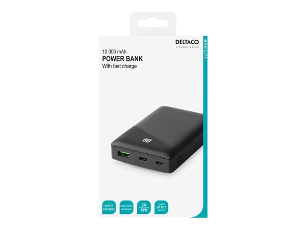 DELTACO ulkoinen akku 10 000 mAh, 1x USB-C PD, 1x USB-A, musta / PB-C1000