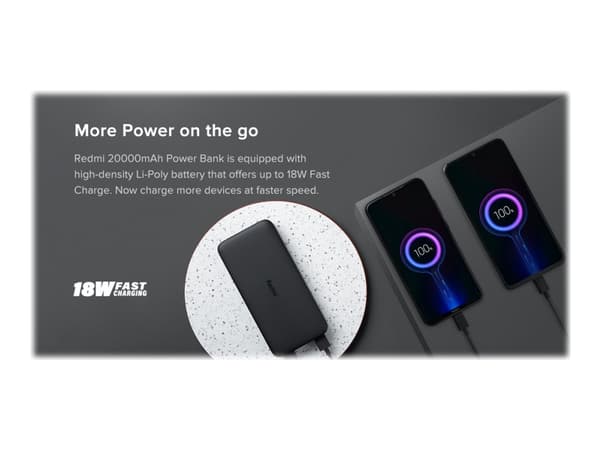 Xiaomi Redmi - Powerbank - 20000 mAh - 74 Wh - 18 Watt - 3.6 A - Pikalataus - 2 ulostuloa - USB - lajittelu - lajittelu