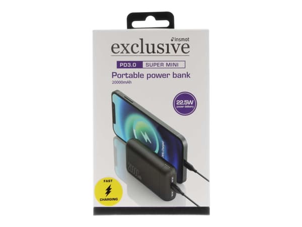 Insmat - Strømbank - 20000 mAh - 22.5 watt - 2 utgangskontakter (USB, 24 pin USB-C)