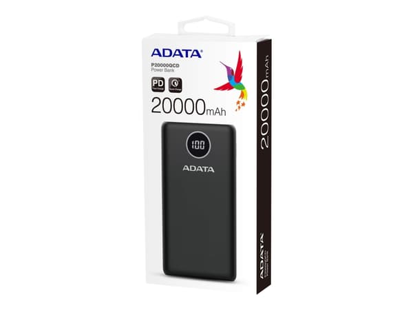 ADATA P20000QCD - Strømbank - 20000 mAh - 74 Wh - 18 watt - PD 3.0, QC 3.0 - 4 utgangskontakter (USB, 24 pin USB-C) - på kabel: USB-C - svart