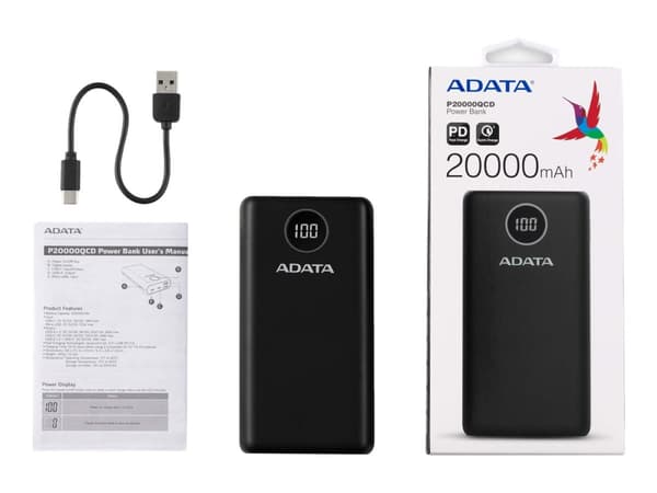 ADATA P20000QCD - Strømbank - 20000 mAh - 74 Wh - 18 watt - PD 3.0, QC 3.0 - 4 utgangskontakter (USB, 24 pin USB-C) - på kabel: USB-C - svart