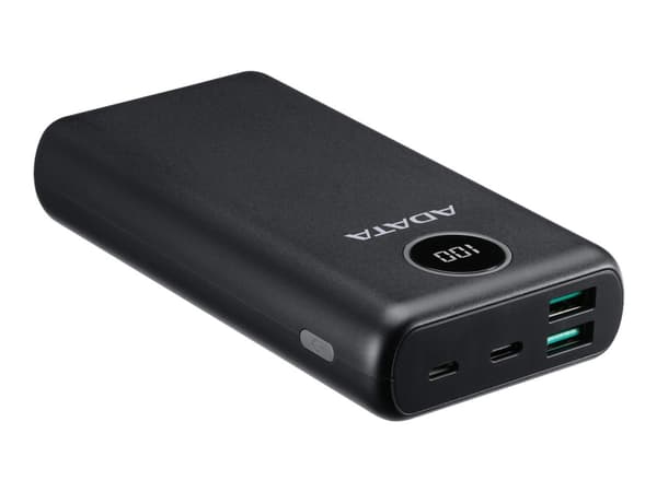 ADATA P20000QCD - Strømbank - 20000 mAh - 74 Wh - 18 watt - PD 3.0, QC 3.0 - 4 utgangskontakter (USB, 24 pin USB-C) - på kabel: USB-C - svart