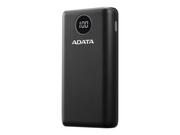 ADATA P20000QCD - Strømbank - 20000 mAh - 74 Wh - 18 watt - PD 3.0, QC 3.0 - 4 utgangskontakter (USB, 24 pin USB-C) - på kabel: USB-C - svart Sort