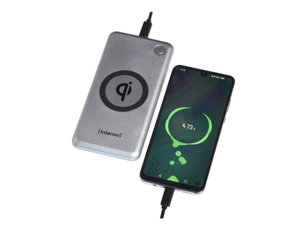 Intenso WPD10000 - Trådløs nødlader - Li-pol - 10000 mAh - 3 A - QC 3.0 - 3 utgangskontakter (2 x USB, 24 pin USB-C) - på kabel: USB-C - sølv