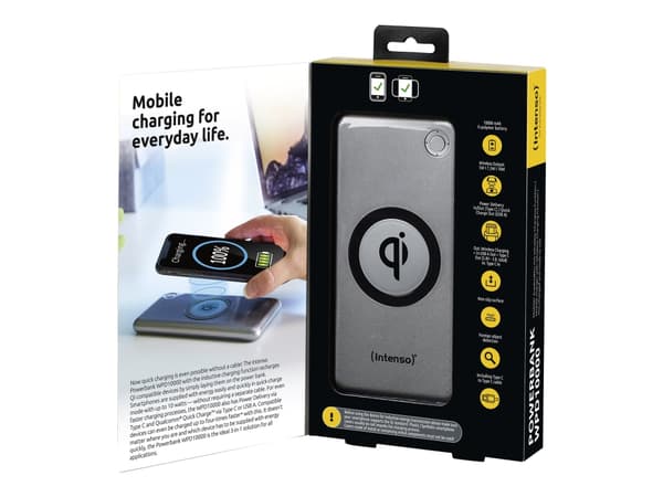 Intenso WPD10000 - Trådløs nødlader - Li-pol - 10000 mAh - 3 A - QC 3.0 - 3 utgangskontakter (2 x USB, 24 pin USB-C) - på kabel: USB-C - sølv