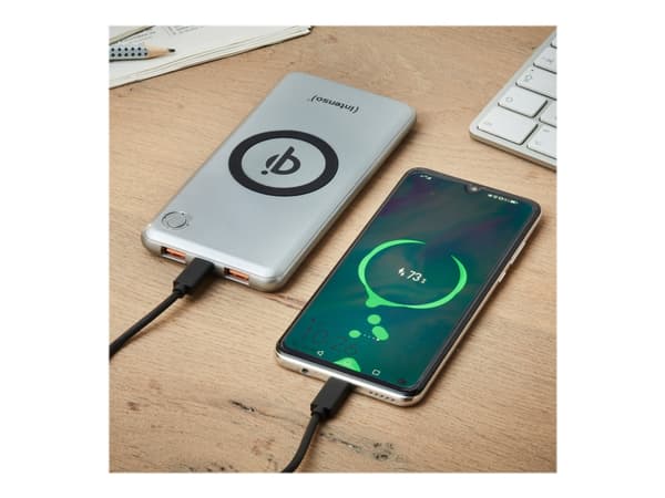 Intenso WPD10000 - Trådløs nødlader - Li-pol - 10000 mAh - 3 A - QC 3.0 - 3 utgangskontakter (2 x USB, 24 pin USB-C) - på kabel: USB-C - sølv