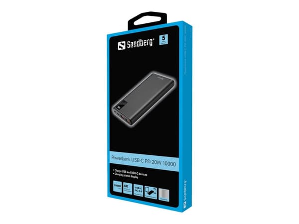 Sandberg - Strømbank - 10000 mAh - 37 Wh - 20 watt - 3 A - QC 3.0, PD - 3 utgangskontakter (2 x USB, 24 pin USB-C) - på kabel: USB-C