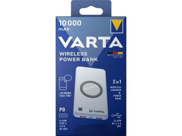 Varta - Trådløs ladepute / nødlader - Li-pol - 10000 mAh - 18 watt - 3 A - PD, QC 3.0 - 3 utgangskontakter (USB, 24 pin USB-C) - på kabel: USB-C