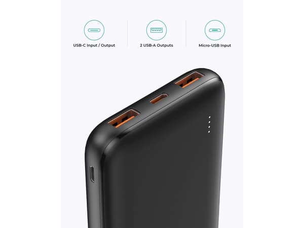 Aukey Basix Slim PB-N73 - Strømbank - 10000 mAh - 12 watt - 2.4 A - 3 utgangskontakter (2 x USB, 24 pin USB-C) - på kabel: Micro-USB