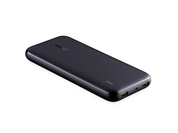 Aukey Basix Slim PB-N73 - Strømbank - 10000 mAh - 12 watt - 2.4 A - 3 utgangskontakter (2 x USB, 24 pin USB-C) - på kabel: Micro-USB