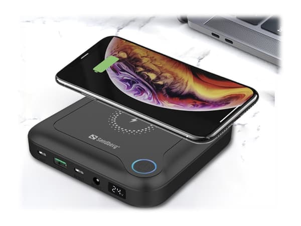 Sandberg All-in1 Laptop Powerbank 24000 - Powerbank for Laptop - 24000 mAh - Trådløs lading (Qi-lading) - Svart