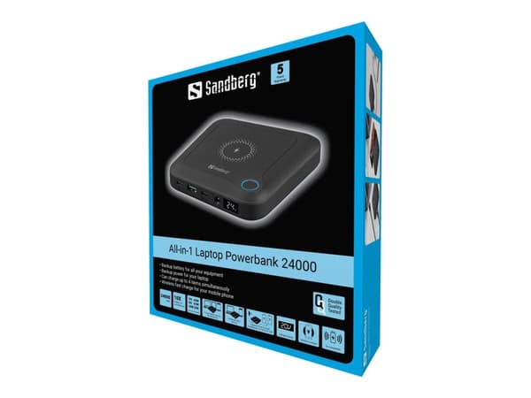 Sandberg All-in1 Laptop Powerbank 24000 - Powerbank for Laptop - 24000 mAh - Trådløs lading (Qi-lading) - Svart