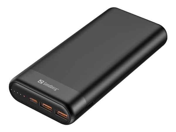 Sandberg - Strømbank - 20000 mAh - 74.4 Wh - 3.25 A - QC 3.0, PD - 3 utgangskontakter (2 x USB, 24 pin USB-C) - på kabel: USB-C