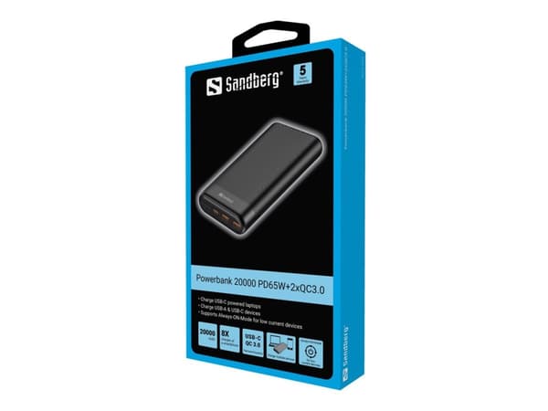 Sandberg - Strømbank - 20000 mAh - 74.4 Wh - 3.25 A - QC 3.0, PD - 3 utgangskontakter (2 x USB, 24 pin USB-C) - på kabel: USB-C