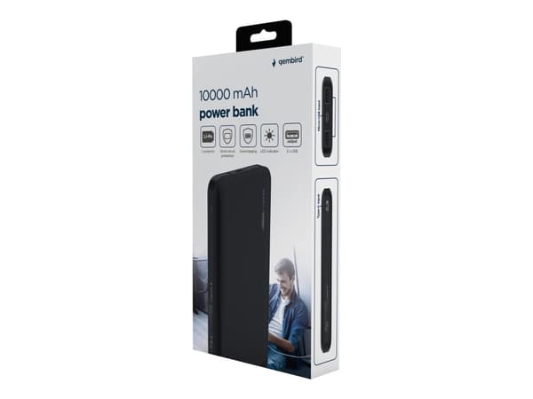 Gembird PB10-01 - Strømbank - 10000 mAh - 2 A (2 x USB) - svart