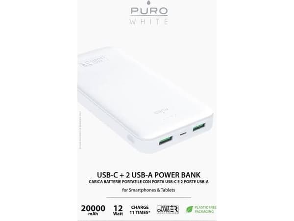 PURO - Strømbank - 20000 mAh - 12 watt - 2.4 A - Fast Charge - 3 utgangskontakter (2 x USB, 24 pin USB-C) - hvit