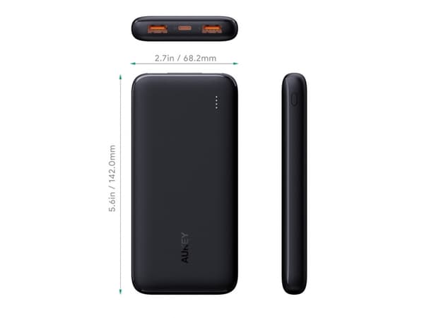Aukey Basix Slim PB-N73 - Strømbank - 10000 mAh - 12 watt - 2.4 A - 3 utgangskontakter (2 x USB, 24 pin USB-C) - på kabel: Micro-USB