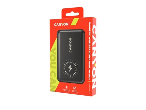 Canyon PB-1001 - Trådlös powerbank - Li-pol - 10000 mAh - 3 A - PD, QC 3.0 - 2 utdatakontakter (USB, 24 pin USB-C) - på kabel: USB-C - svart