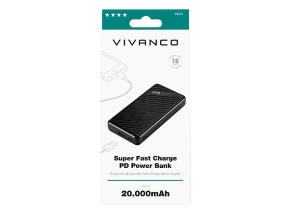 Vivanco Super Fast Car Charge PD, 20000 mAh, Lithium-Ion (Li-Ion), Quick Charge 3.0, 3,7 V, Sort