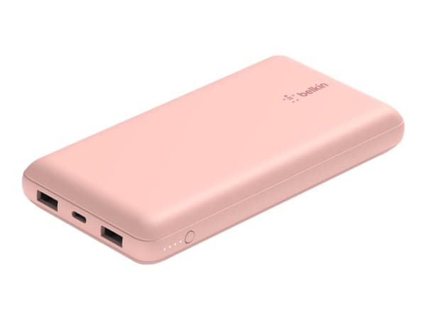 Belkin BoostCharge - Strömförsörjningsbank - 20000 mAh - 15 Watt - 3 A - 3 utdatakontakter (24 pin USB-C, 2 x USB) - på kabel: USB-C - guldrosa