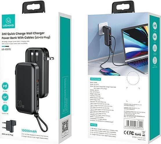 Usams Powerbank USAMS Powerbank PB63 3in1 10000mAh 20W Quick Charge US + EU Plug + Cables USB-C/Lightning/MicroUSB black/black 10KCD17201 (US-CD172)