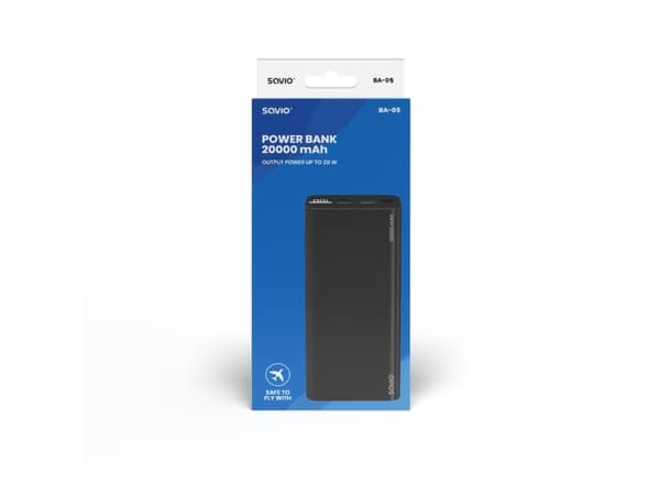 Savio power bank BA-05 20000 mAh czarny, 20000 mAh, Lithium Polymer (LiPo), Sort