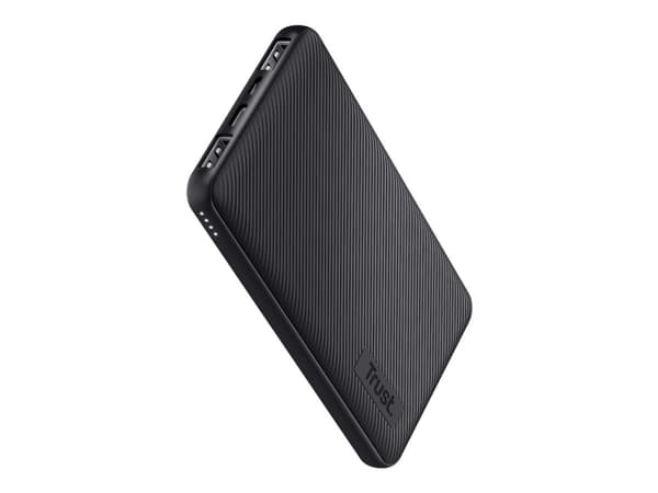 Trust Primo Ultra-thin - Strømbank - 10000 mAh - 37 Wh - 15 watt - 3 A - Fast Charge - 3 utgangskontakter (2 x USB, 24 pin USB-C) - på kabel: Micro-U Sort