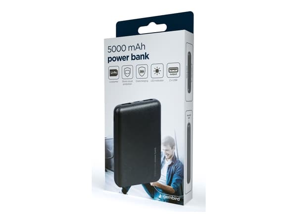 Gembird PB05-02 - Strømbank - 5000 mAh - 10 watt - 2 A - 2 utgangskontakter (USB) - svart