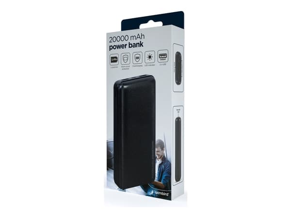 Gembird PB20-02 - Strømbank - 20000 mAh - 12 watt - 2.4 A - 2 utgangskontakter (2 x USB) - svart