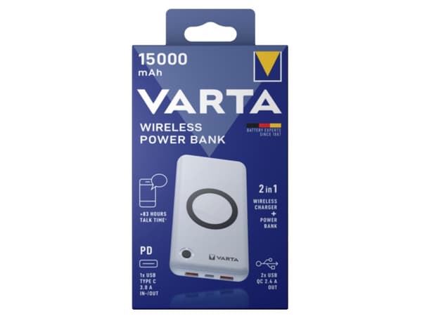 Varta - Trådløs nødlader - 2-i-1 - Li-pol - 15000 mAh - 55.5 Wh - 20 watt - 3 A - PD, QC 3.0 - 3 utgangskontakter (2 x USB, 24 pin USB-C)