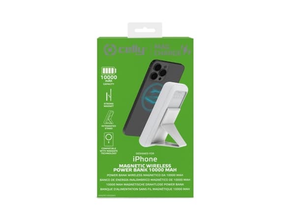Celly MAGPB10000 - Strømbank - magsafe, wireless - 10000 mAh - 15 watt - 3 A - 2 utgangskontakter (USB, 24 pin USB-C) - hvit