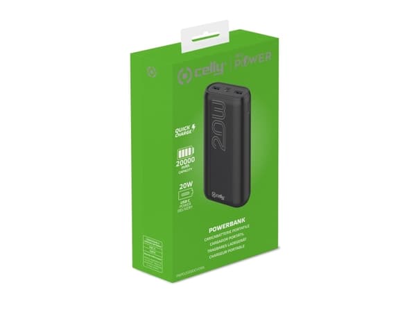 Celly ProPower PBPD20000EVO - Strømbank - 20000 mAh - 74 Wh - 20 watt - 3 A - PD - 3 utgangskontakter (2 x USB, 24 pin USB-C) - svart