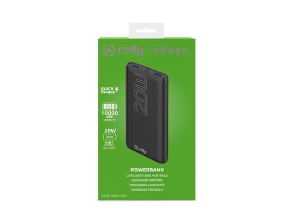 Celly ProPower PBPD10000EVO - Strømbank - 10000 mAh - 37 Wh - 20 watt - 3 A - PD - 3 utgangskontakter (2 x USB, 24 pin USB-C) - svart